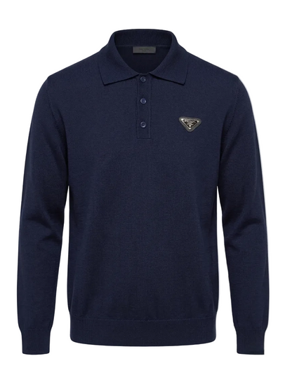 Prada Navy Blue Knitted Polo For Men