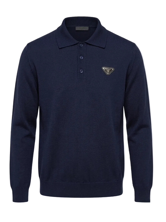 Prada Navy Blue Knitted Polo For Men
