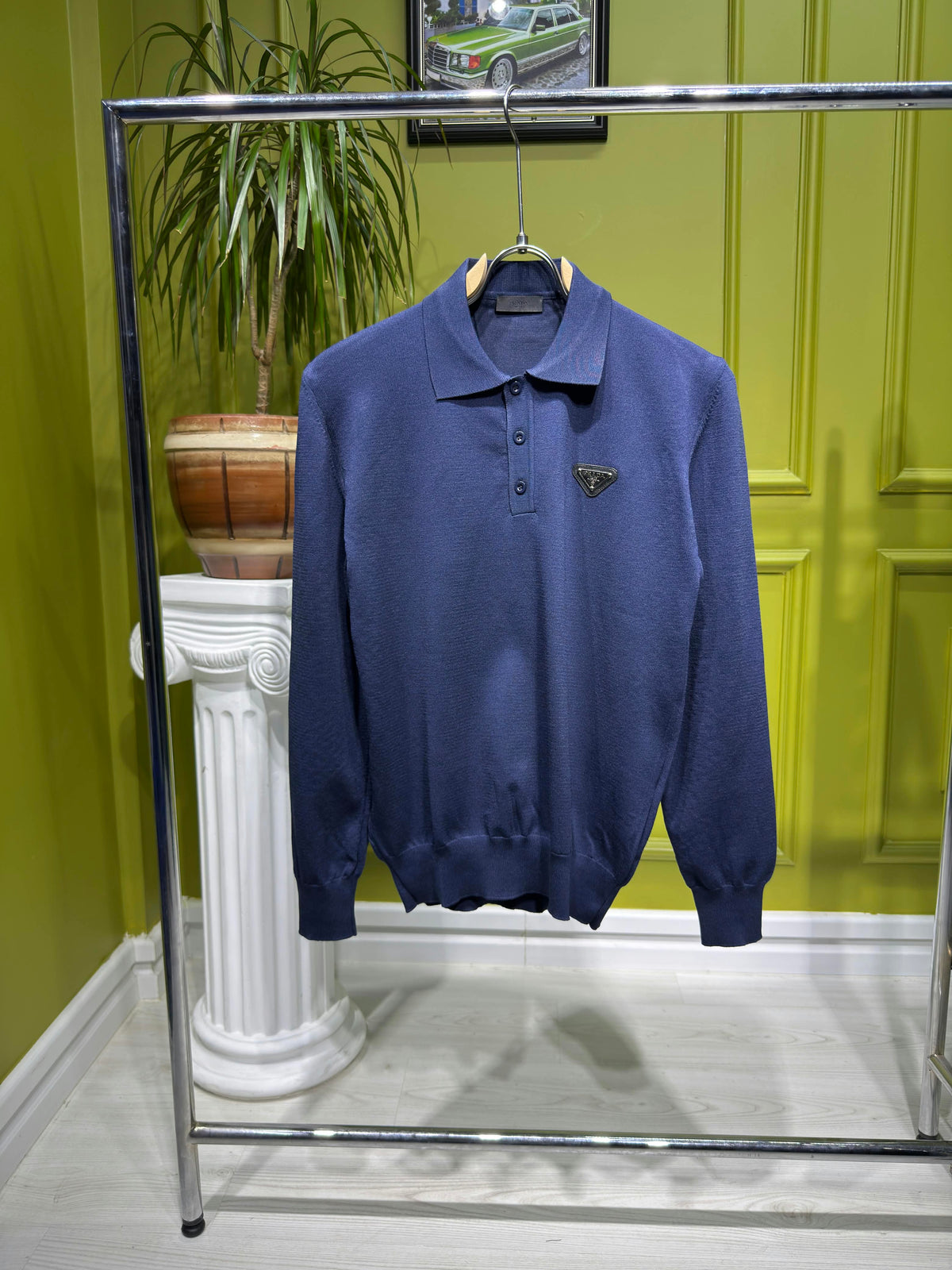 Prada Navy Blue Knitted Polo For Men