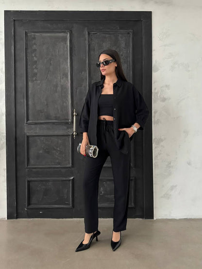 Black Linen Set 3/4 Sleeve