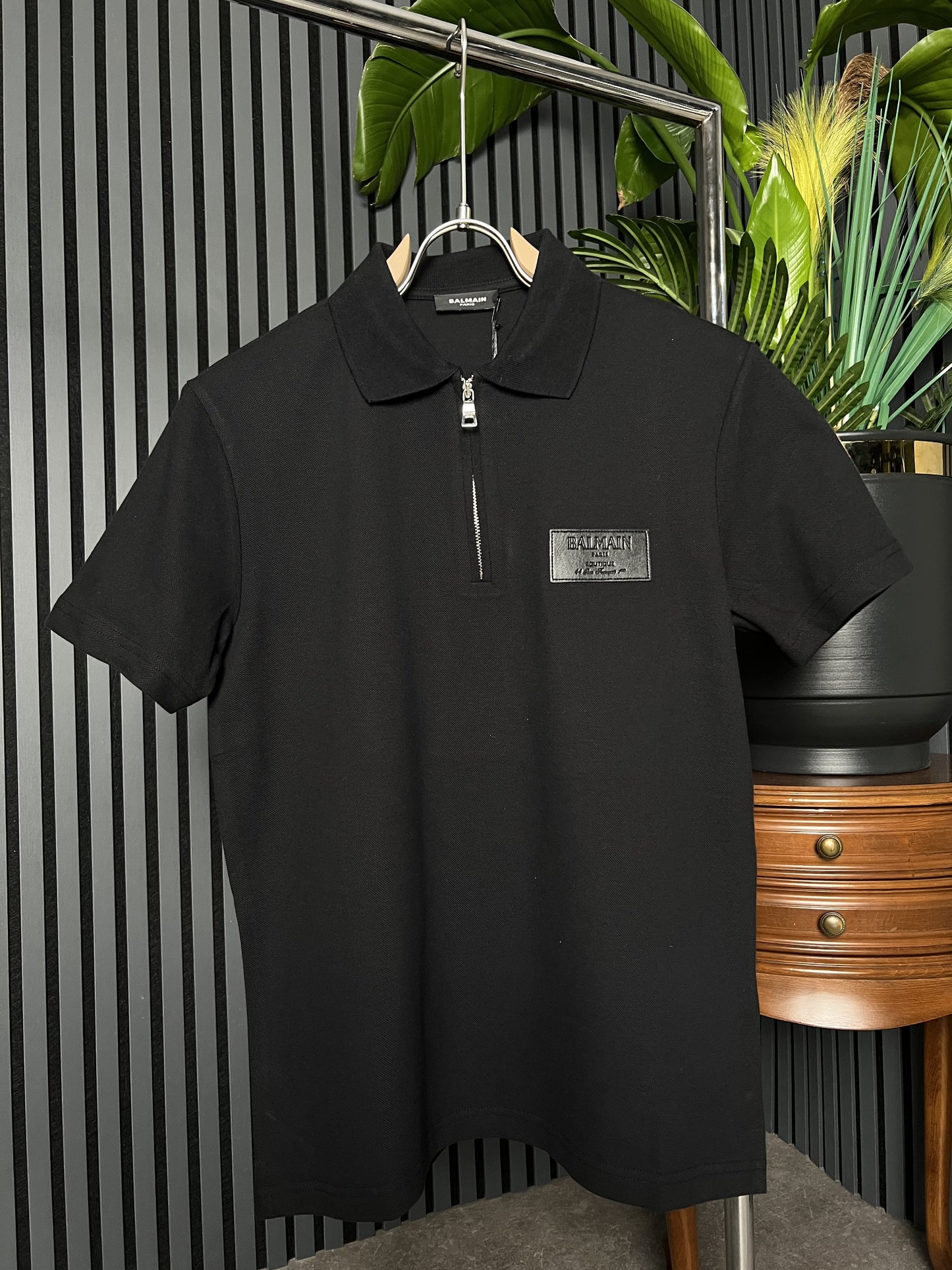 Balmain With Leather Label Black Polo Tshirt For Men