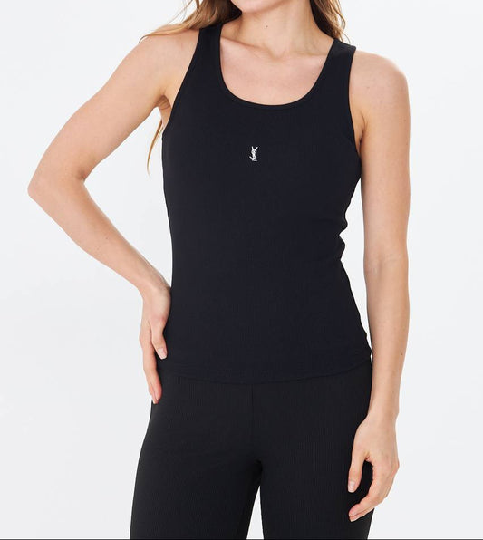 YSL Embroidered Logo Black Cotton Tank Top For Women