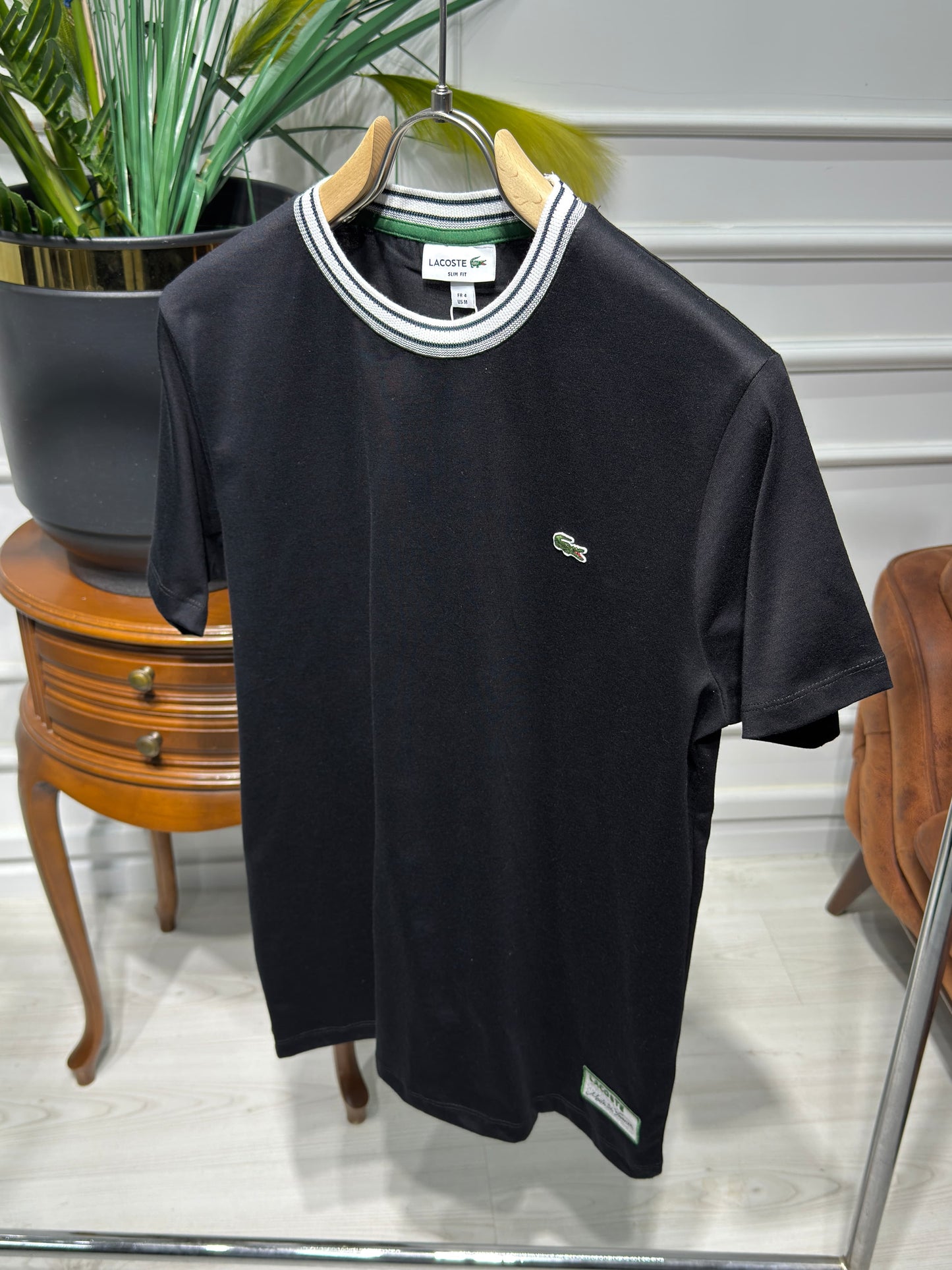 Made In France Stripe Neck Slim fit Black Tshirt For Men