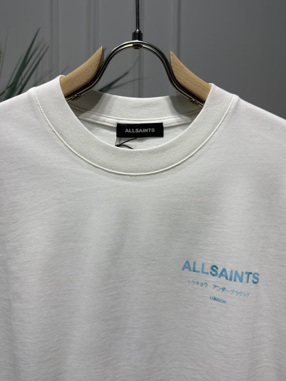Allsaints Underground Blue Printed White Relaxed-fit Tshirt For Men