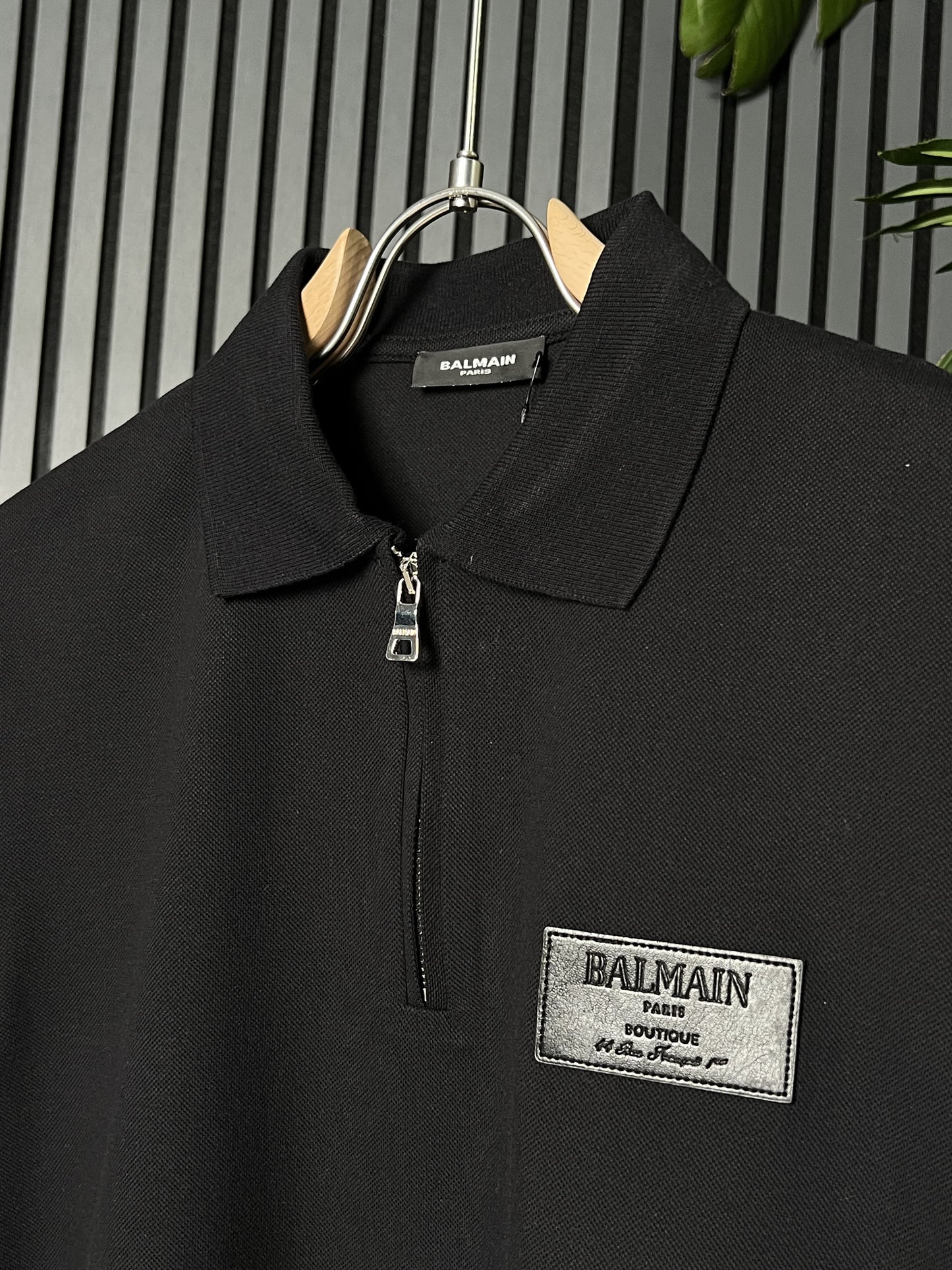 Balmain With Leather Label Black Polo Tshirt For Men