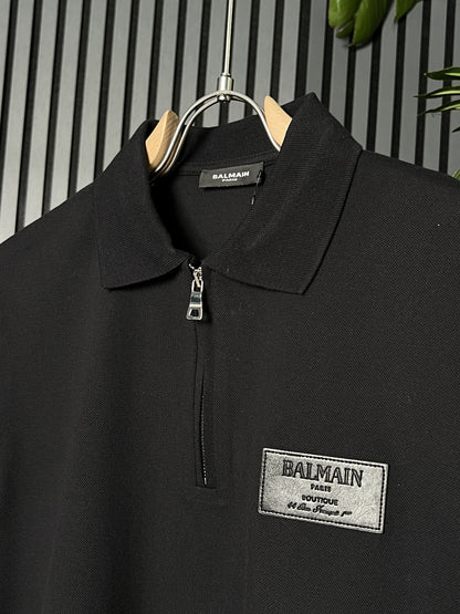 Balmain With Leather Label Black Polo Tshirt For Men