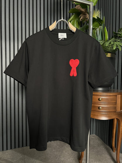 Ami Paris Embroidered Logo Black Relaxed Fit Tshirt For Men