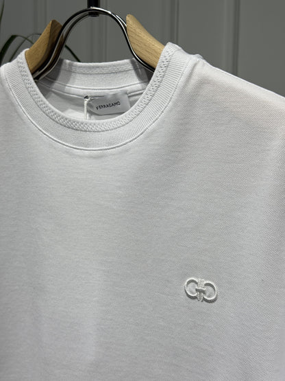 Ferragamo Embroidered Logo White Tshirt For Men