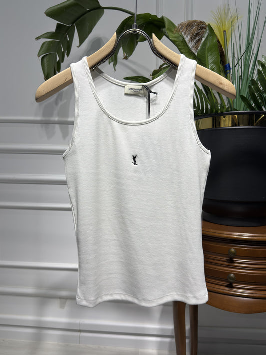 YSL Embroidered Logo White Cotton Tank Top For Women