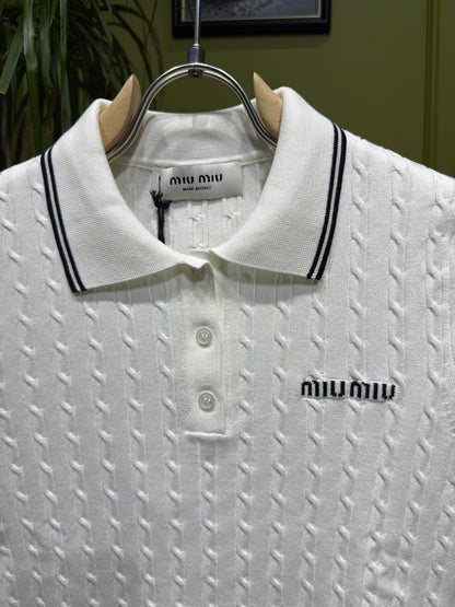 White Cable-knit Long-sleeve Polo For Women