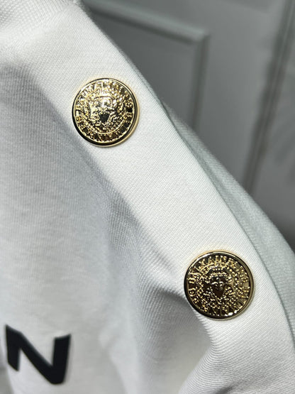 Cropped white sweatshirt with Balmain Paris Print for women