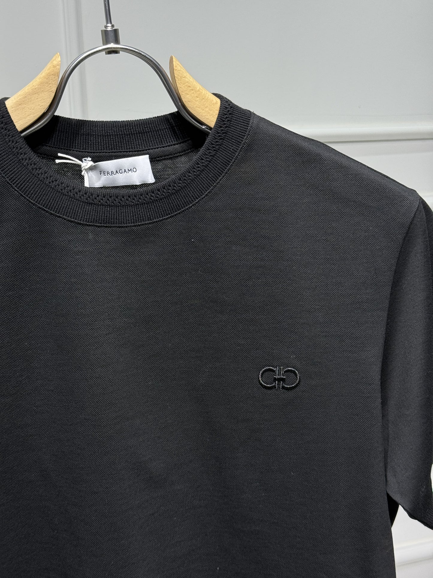 Ferragamo Embroidered Logo Black Tshirt For Men