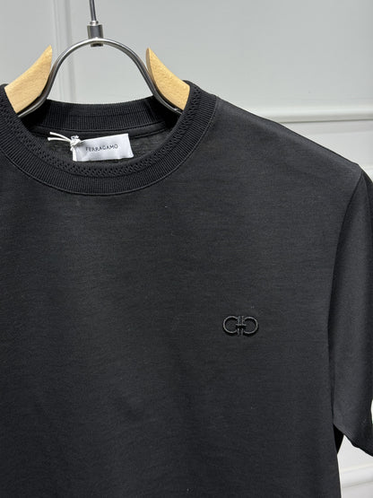 Ferragamo Embroidered Logo Black Tshirt For Men