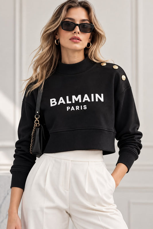 Cropped black sweatshirt with Balmain Paris Print for women