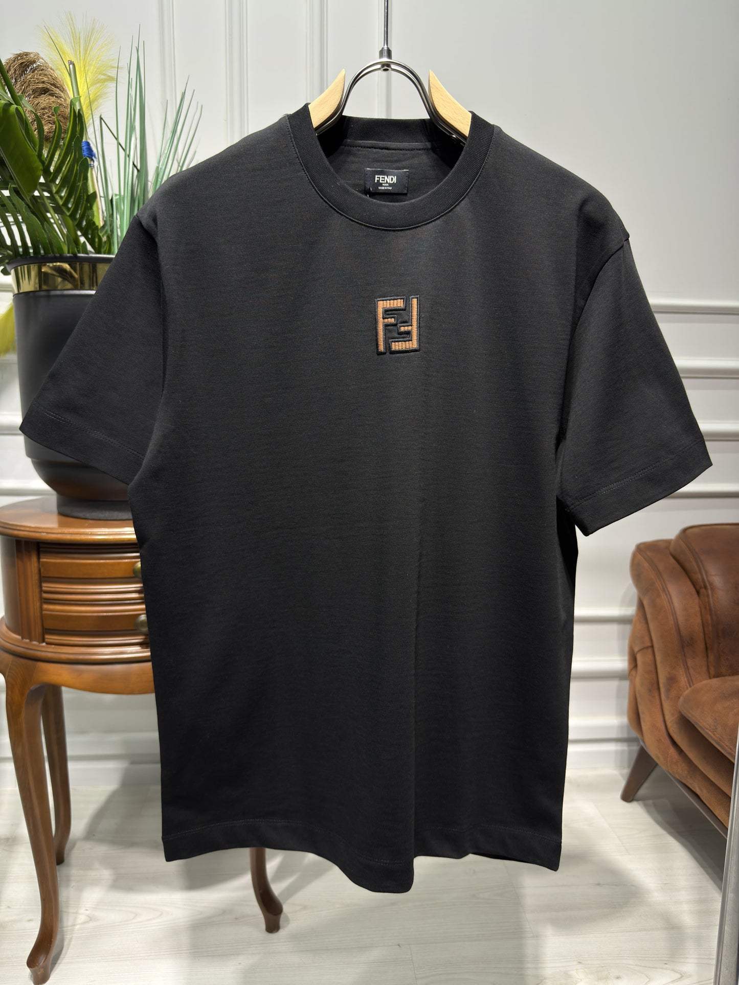 FF Embroidered Brown Logo Black Tshirt For Men