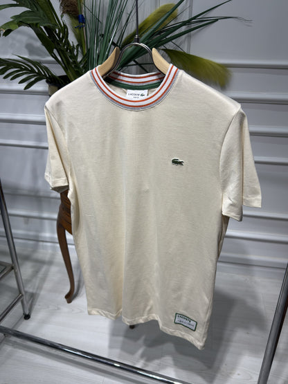 Made In France Stripe Neck Slim fit Cream Tshirt For Men
