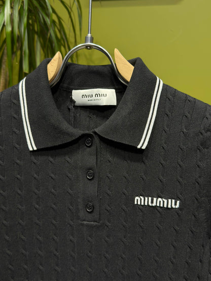 Black Cable-knit Long-sleeve Polo For Women