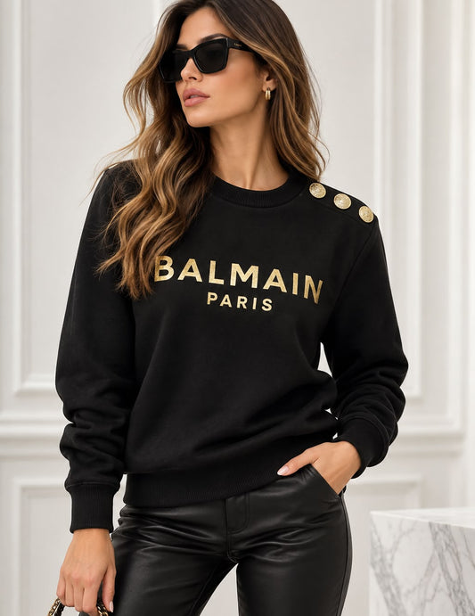 Black sweatshirt with gold Balmain Paris print for women