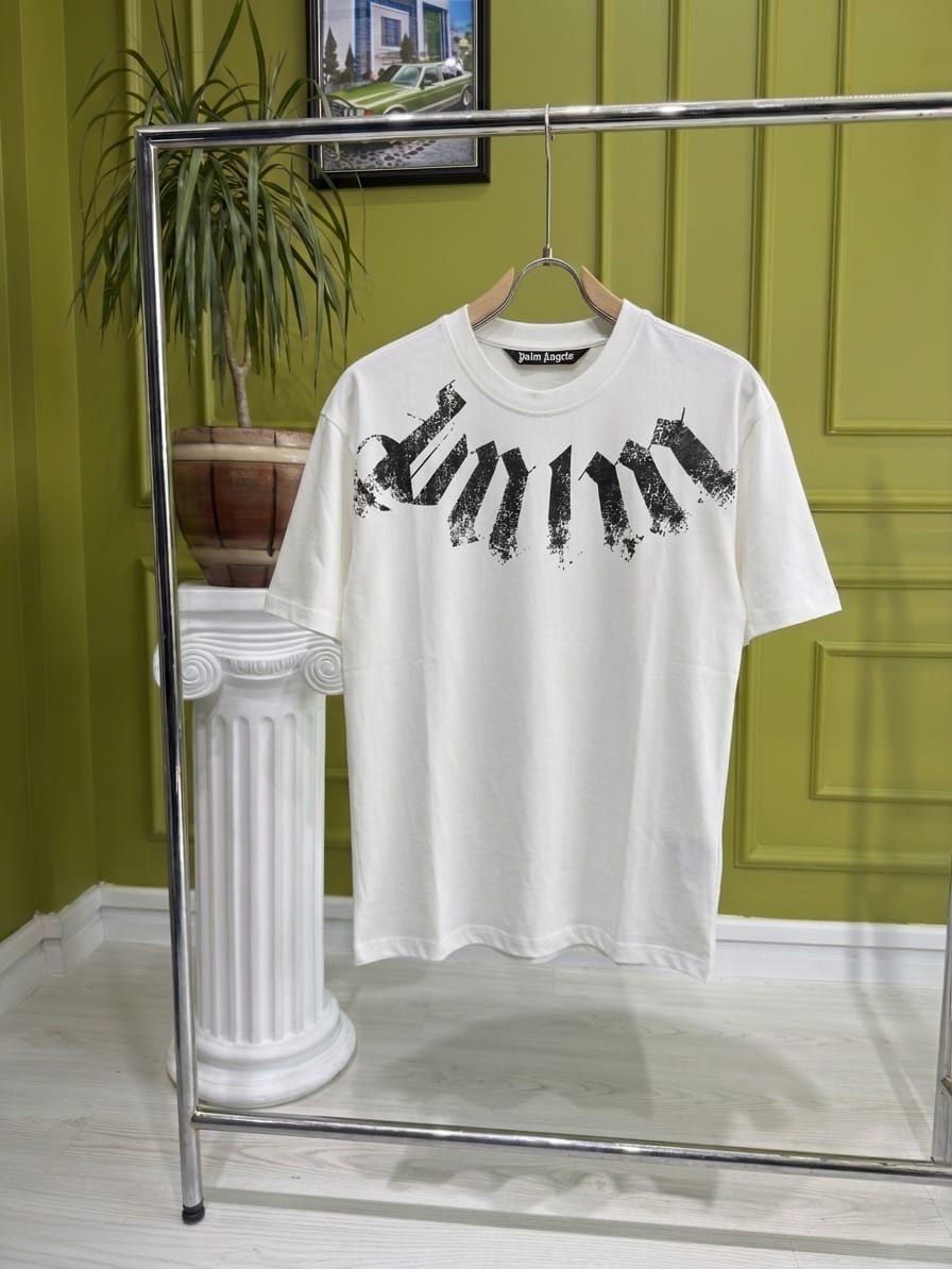 Palm Angels Logo Printed White Tshirt For Men