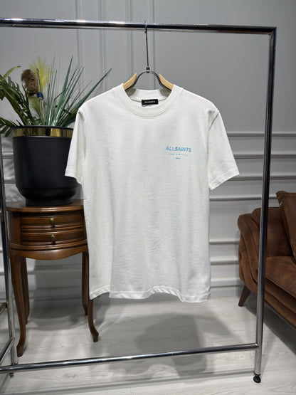 Allsaints Underground Blue Printed White Relaxed-fit Tshirt For Men