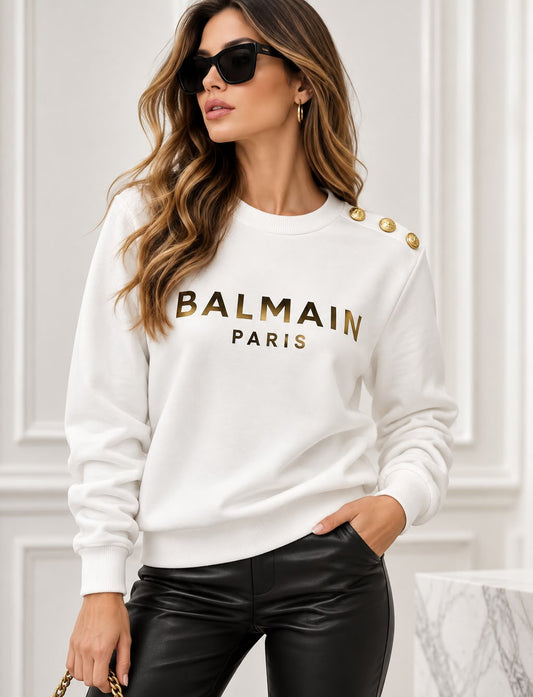 White sweatshirt with gold Balmain Paris print for women