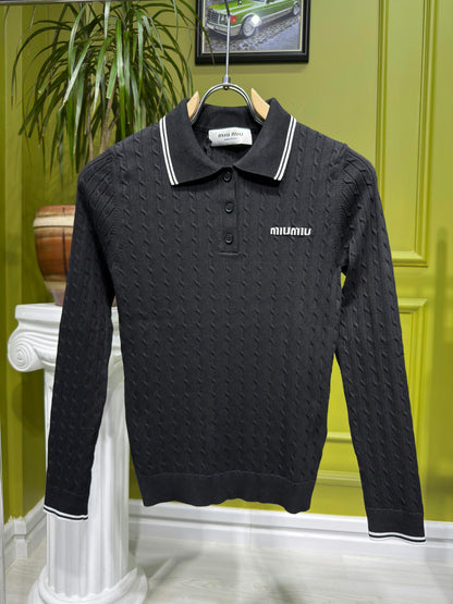 Black Cable-knit Long-sleeve Polo For Women