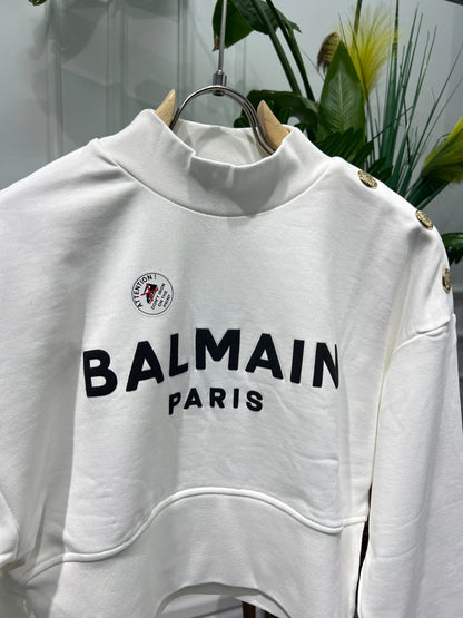 Cropped white sweatshirt with Balmain Paris Print for women