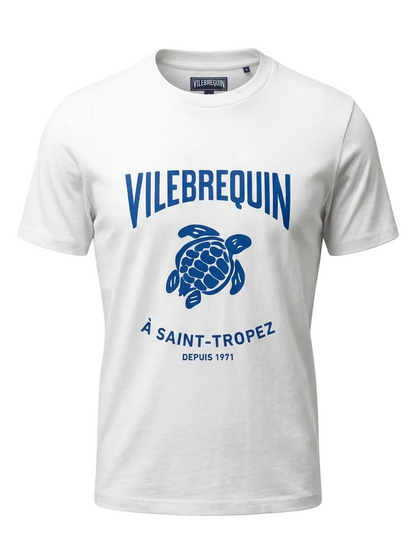 Vilebrequin Blue Printed Logo White slimfit Tshirt For Men
