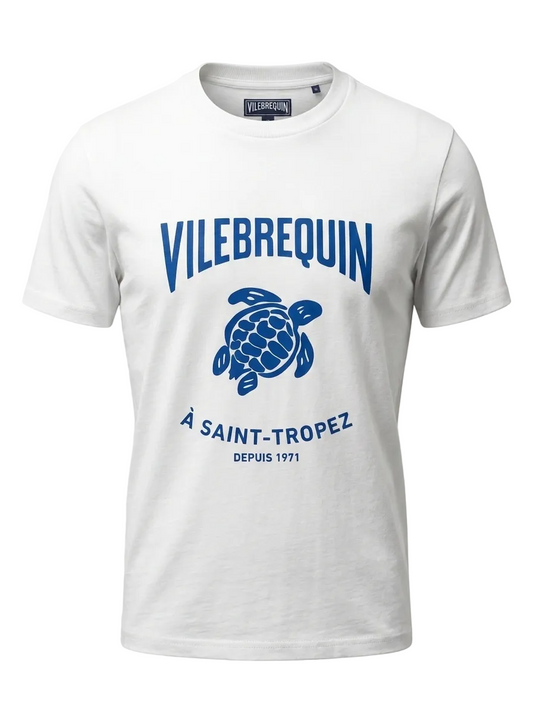 Vilebrequin Blue Printed Logo White slimfit Tshirt For Men