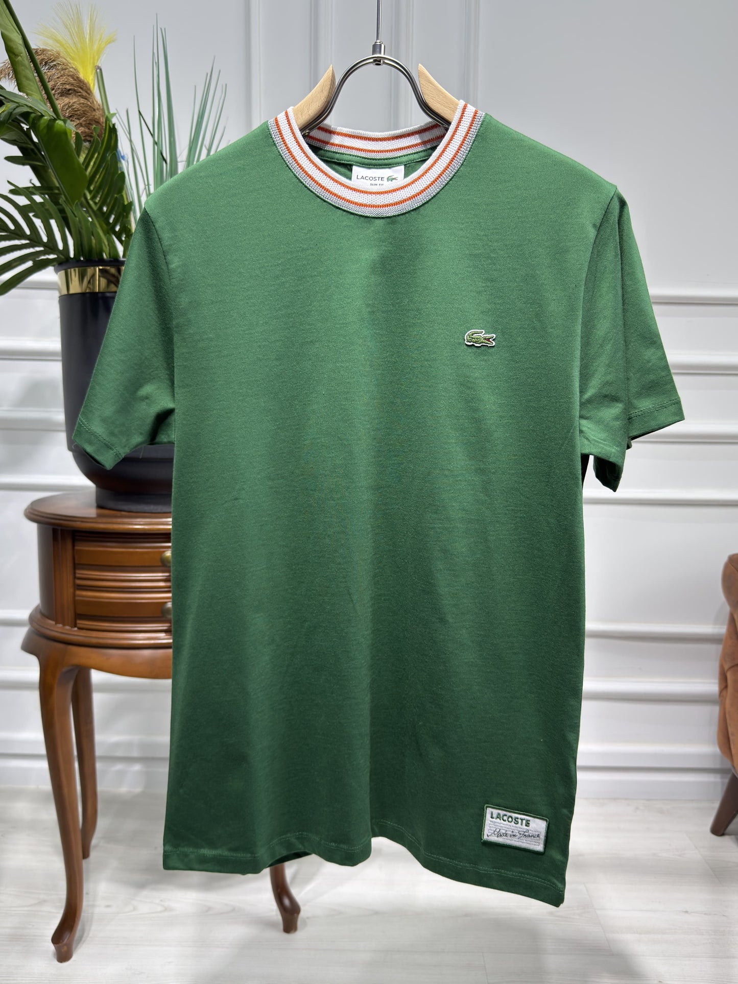 Made In France Stripe Neck Slim fit Green Tshirt For Men