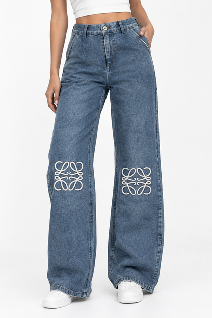 Embroidered Logo Wide-leg Jeans For Women
