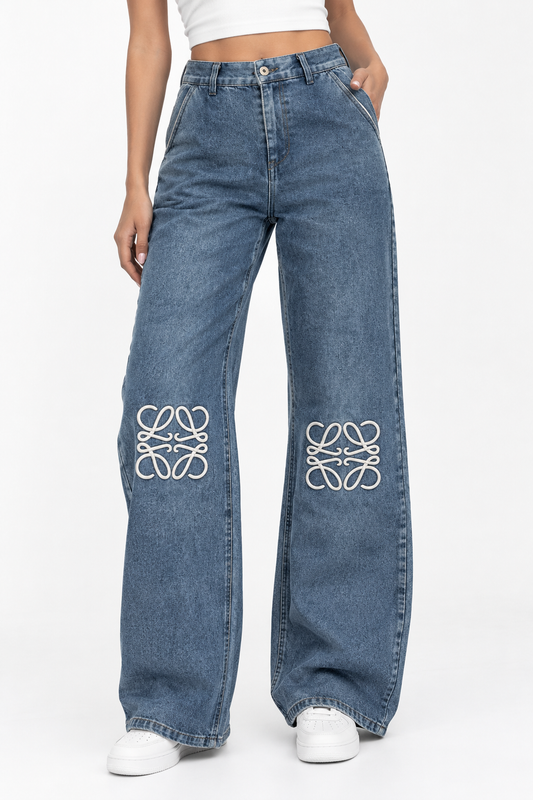 Embroidered Logo Wide-leg Jeans For Women
