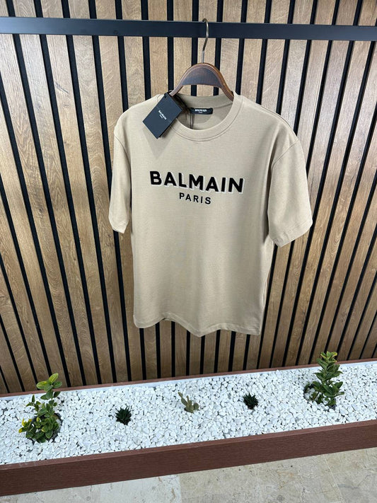 Balmain Chamois Logo Brown Tshirt For Men