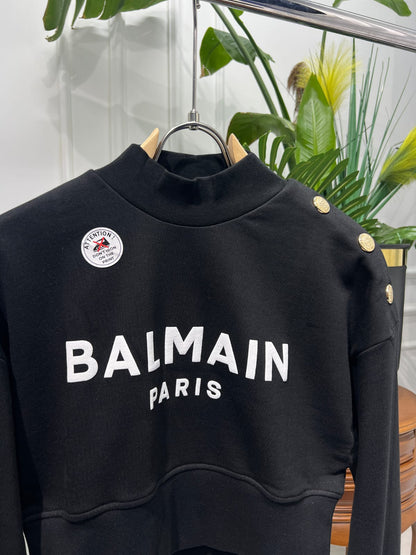 Cropped black sweatshirt with Balmain Paris Print for women