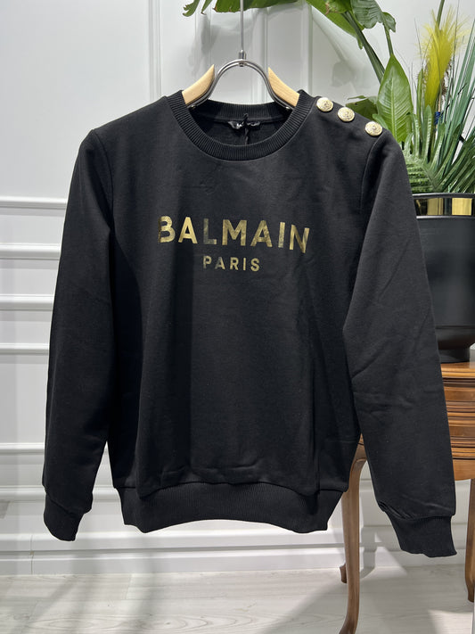 Black sweatshirt with gold Balmain Paris print for women