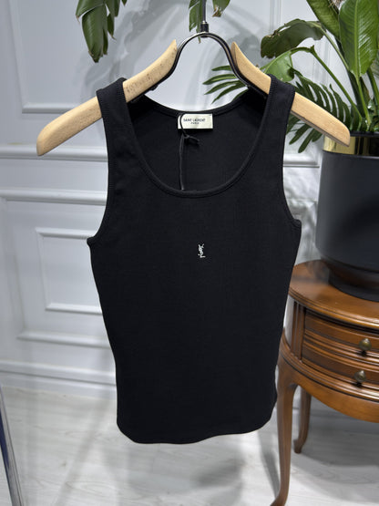 YSL Embroidered Logo Black Cotton Tank Top For Women