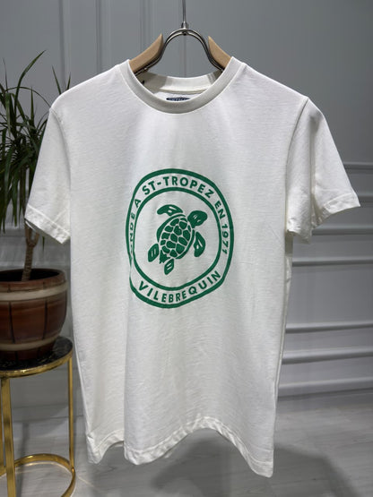 Vilebrequin Green Printed Logo White Slimfit Tshirt For Men