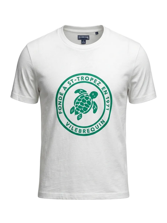 Vilebrequin Green Printed Logo White Slimfit Tshirt For Men