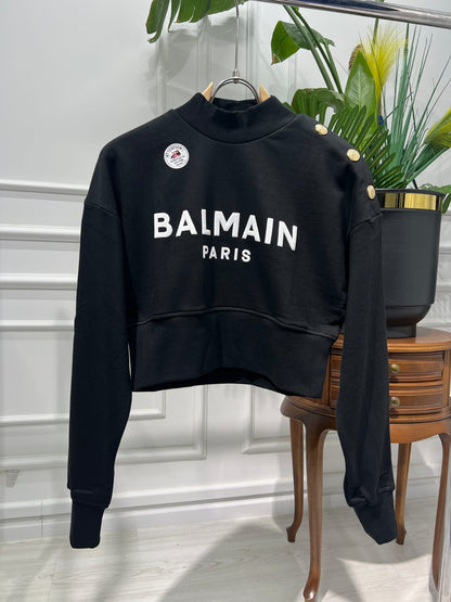 Cropped black sweatshirt with Balmain Paris Print for women