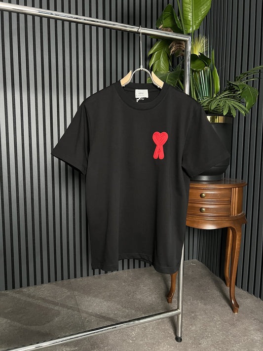 Ami Paris Embroidered Logo Black Relaxed Fit Tshirt For Men