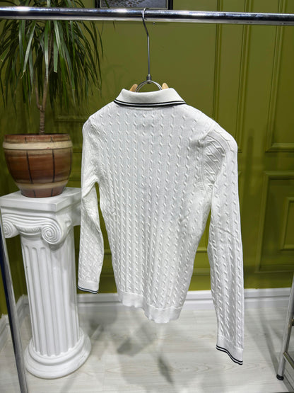 White Cable-knit Long-sleeve Polo For Women