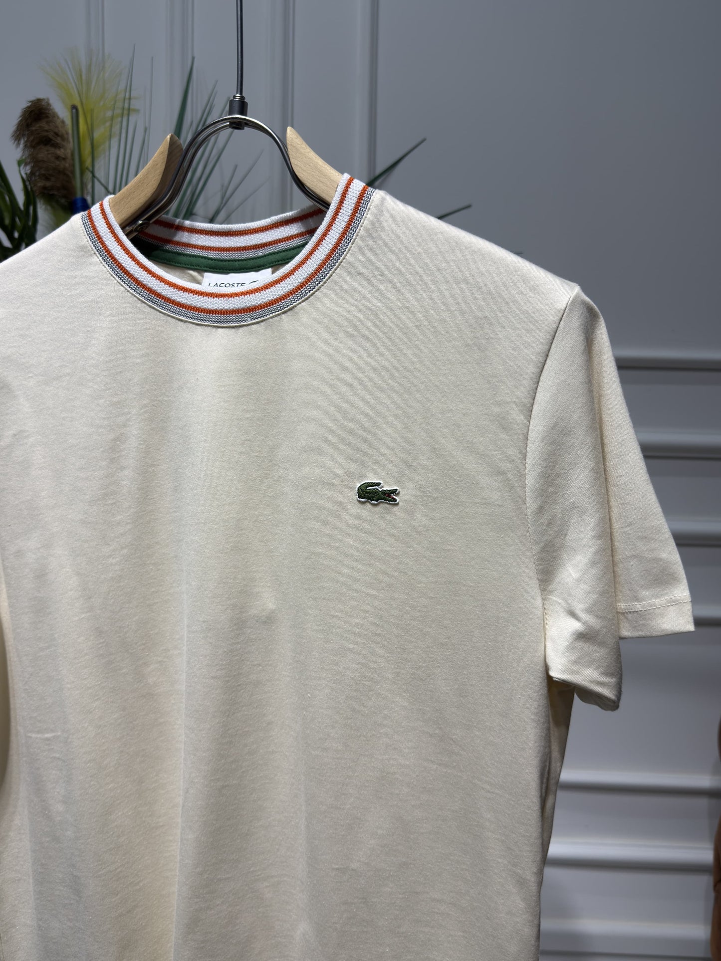 Made In France Stripe Neck Slim fit Cream Tshirt For Men