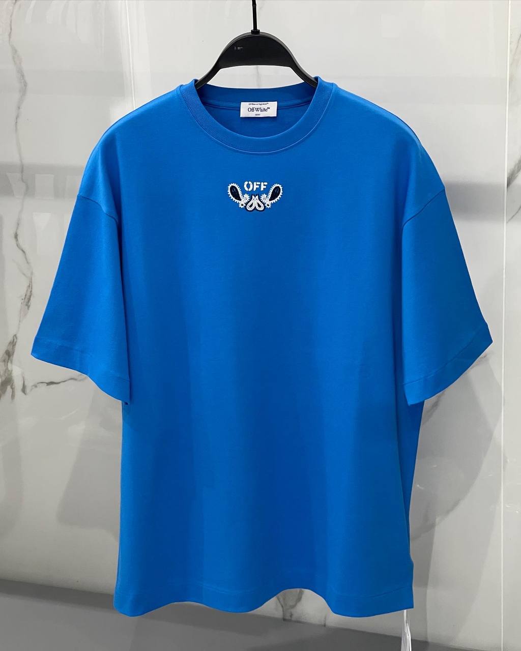 OFF Embroidered Logo Blue Oversized Tshirt For Men