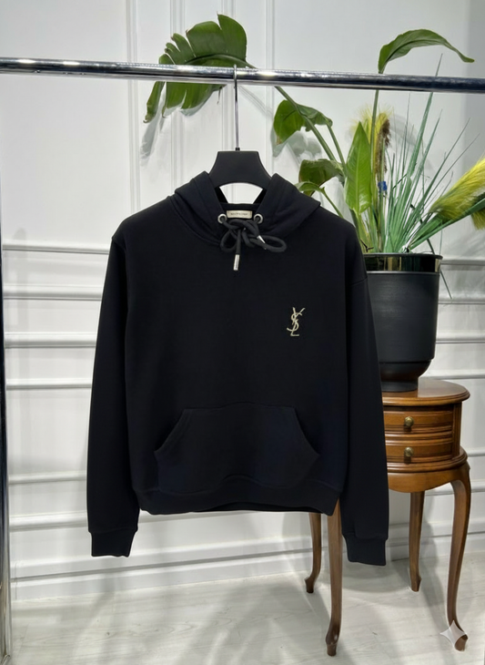 YSL Gold Metal Logo Black Hoodie For Women