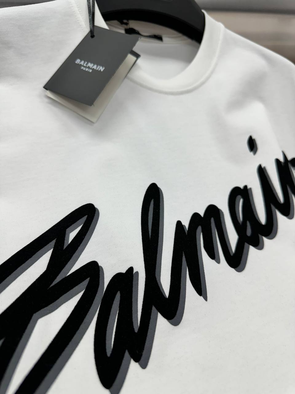 FLOCKED BALMAIN Logo White Tshirt For Men