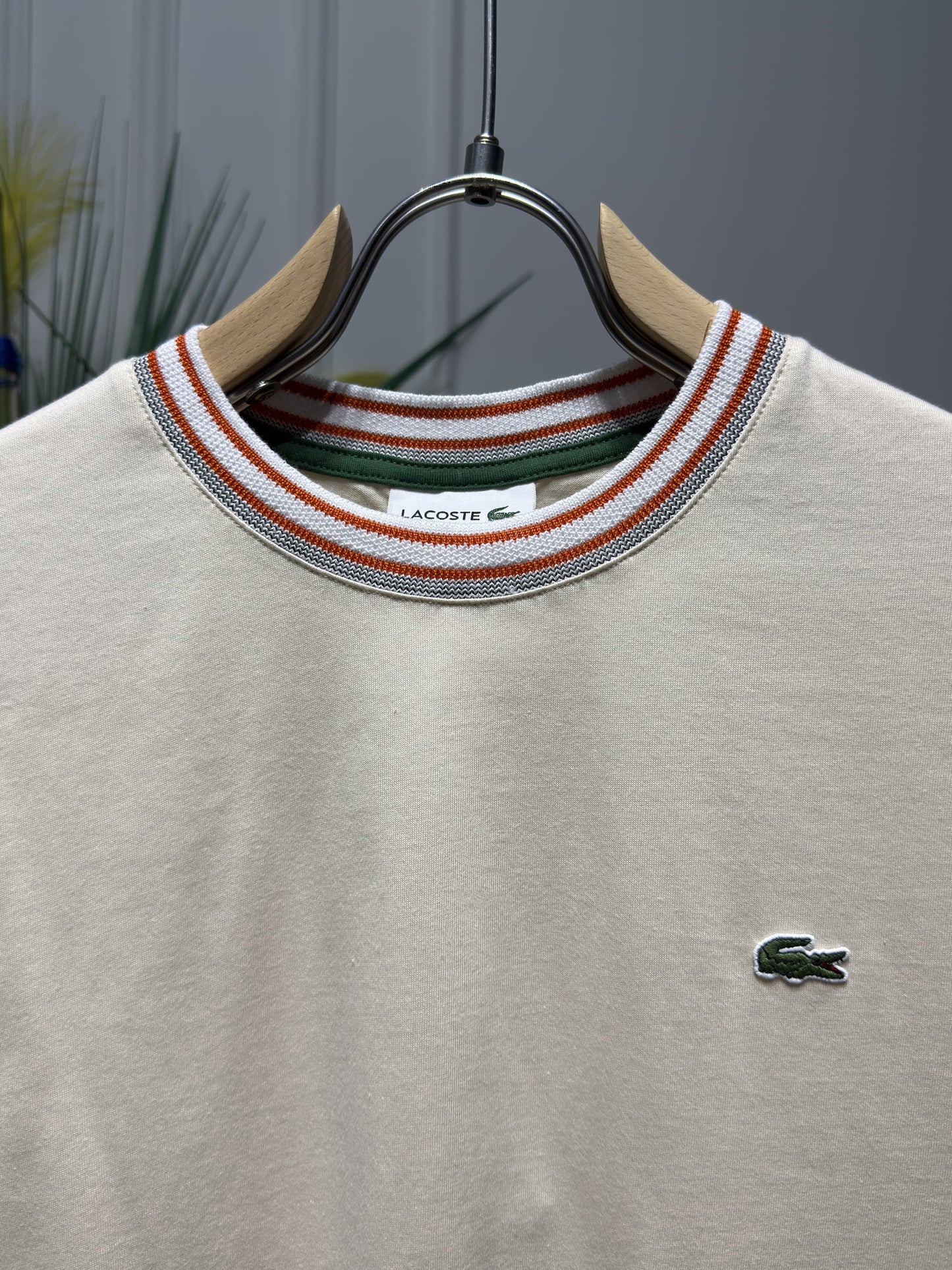 Made In France Stripe Neck Slim fit Cream Tshirt For Men