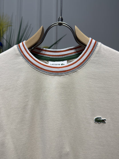 Made In France Stripe Neck Slim fit Cream Tshirt For Men