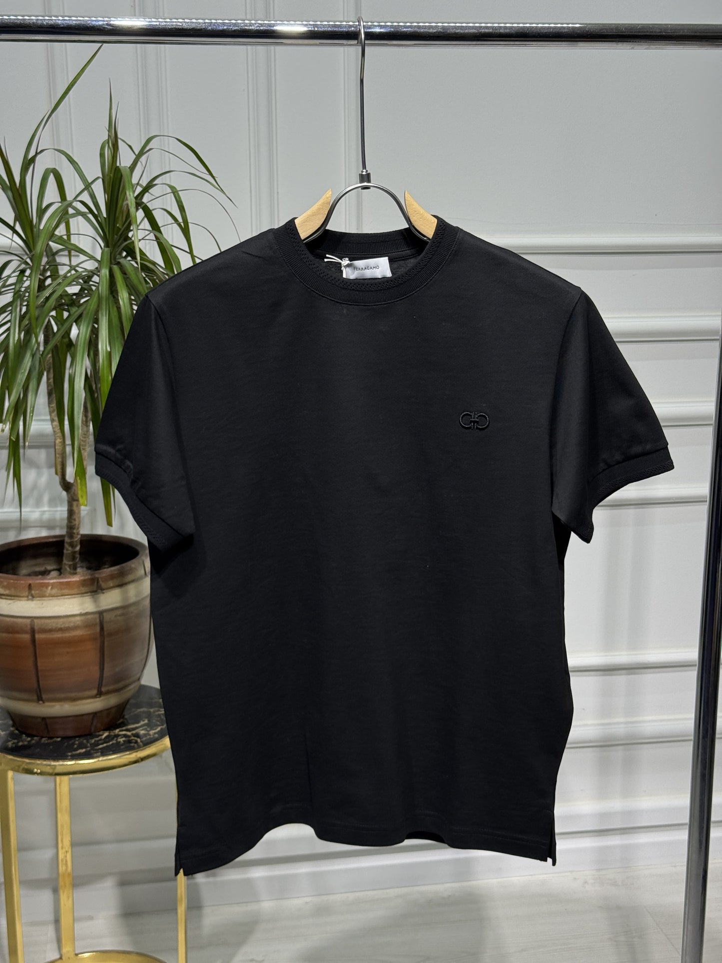 Ferragamo Embroidered Logo Black Tshirt For Men