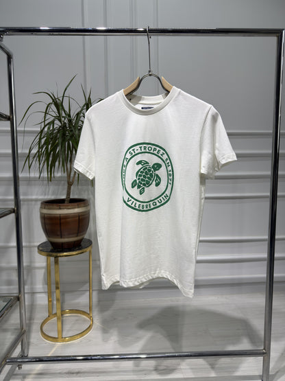 Vilebrequin Green Printed Logo White Slimfit Tshirt For Men