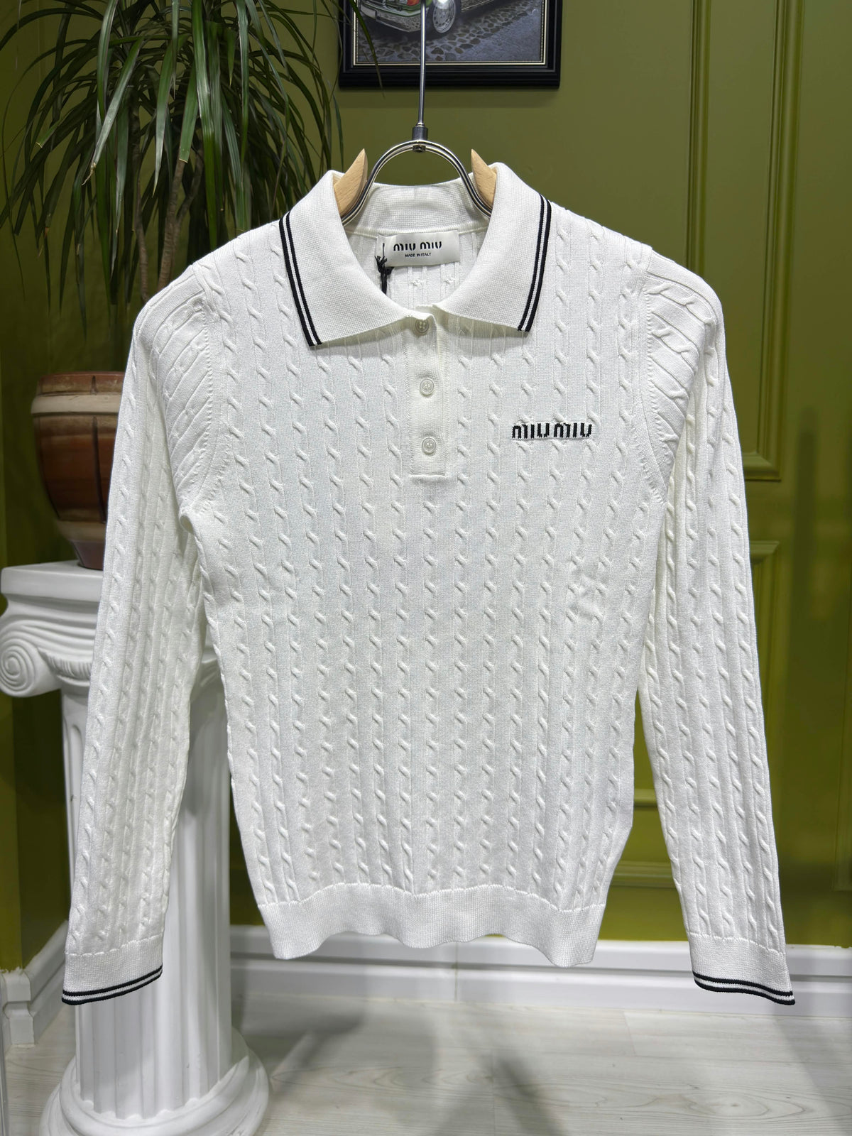 White Cable-knit Long-sleeve Polo For Women